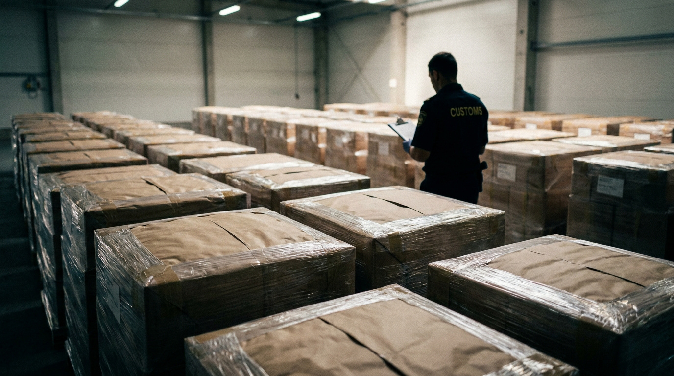 Un agent des douanes examine des palettes de marchandises dans un entrepôt sombre après une saisie de drogue.