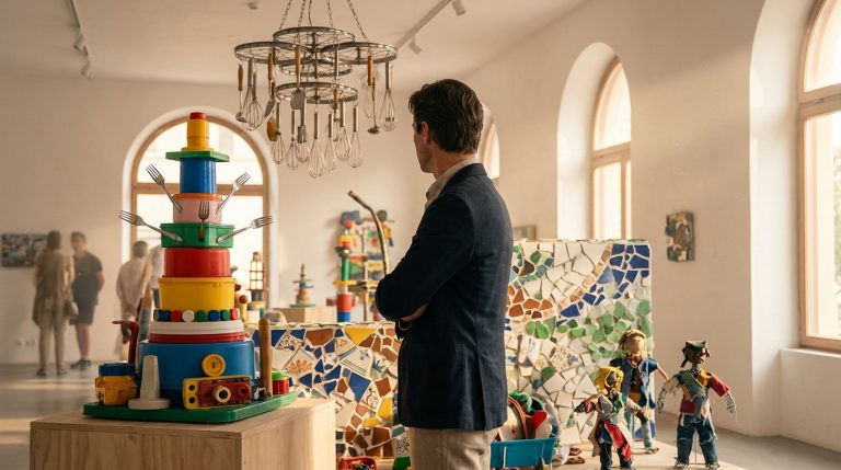 Un homme observe une sculpture colorée composée d'objets du quotidien dans une galerie d'art lumineuse.