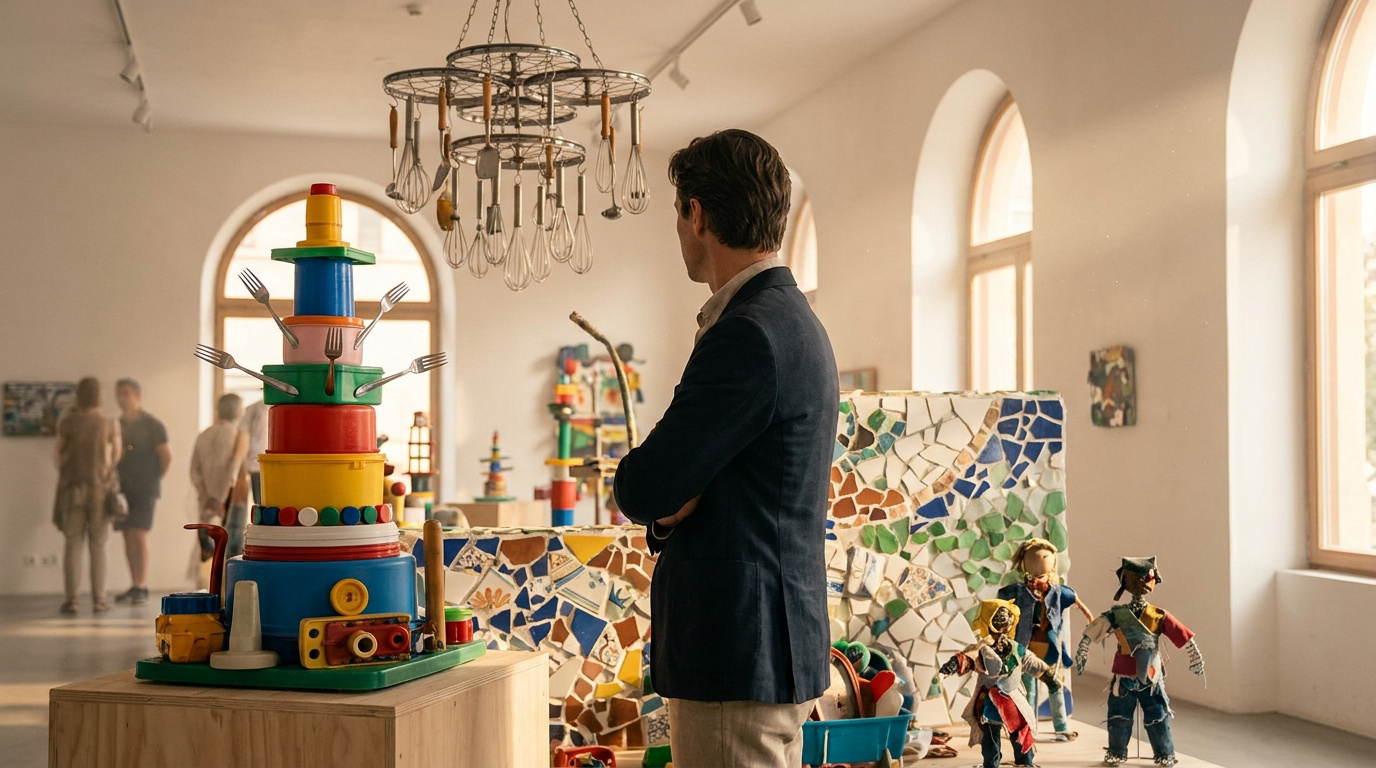 Un homme observe une sculpture colorée composée d'objets du quotidien dans une galerie d'art lumineuse.