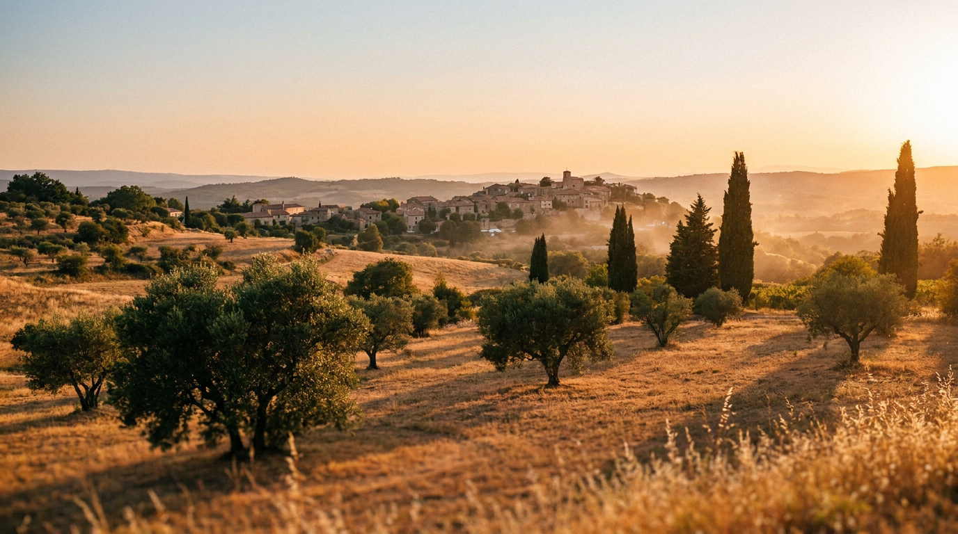 Un village perché en Occitanie entouré d'oliviers et de cyprès sous un soleil couchant aux tons orangés.