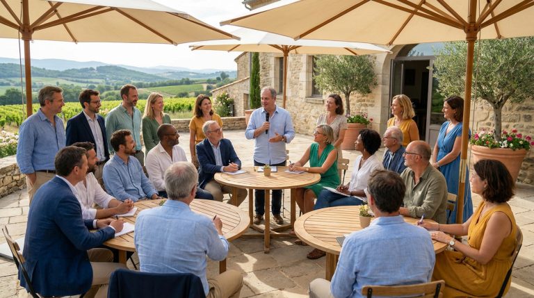 Un groupe de personnes en réunion informelle en extérieur sous des parasols avec un paysage rural en arrière-plan.