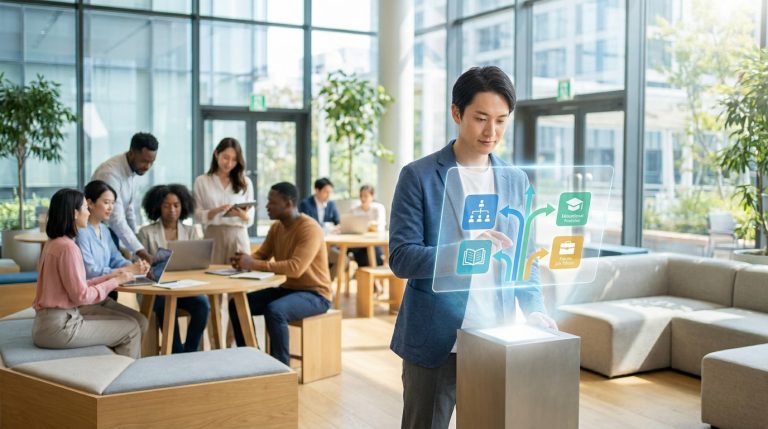 Un homme utilise une interface holographique interactive dans un espace de coworking moderne et lumineux.