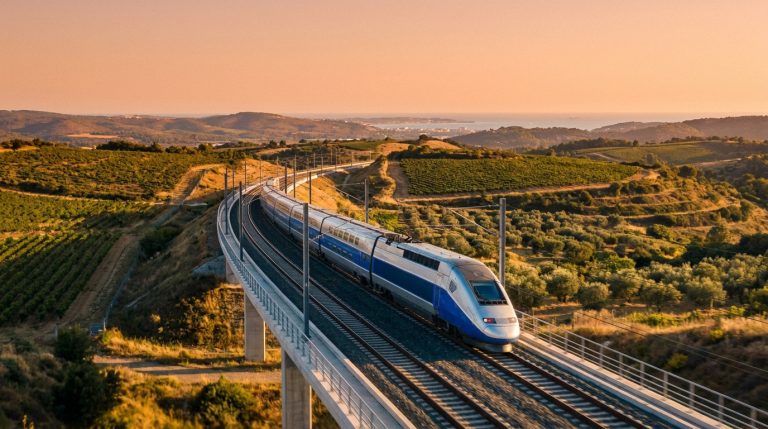 Un TGV circulant sur un viaduc ferroviaire au milieu d'un paysage de vignobles sous une lumière de fin de journée.